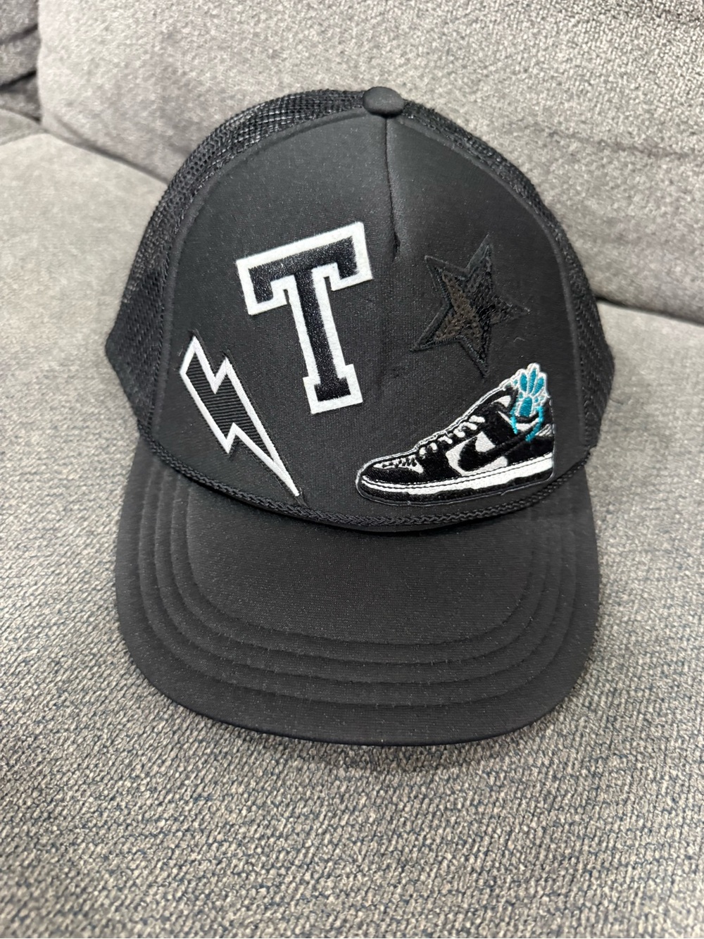 Kids Black Patch Trucker Hat with Sneaker Graphic